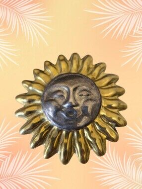 Vintage Taxco Sterling Silver & Brass Sun With Face Brooch Or Necklace